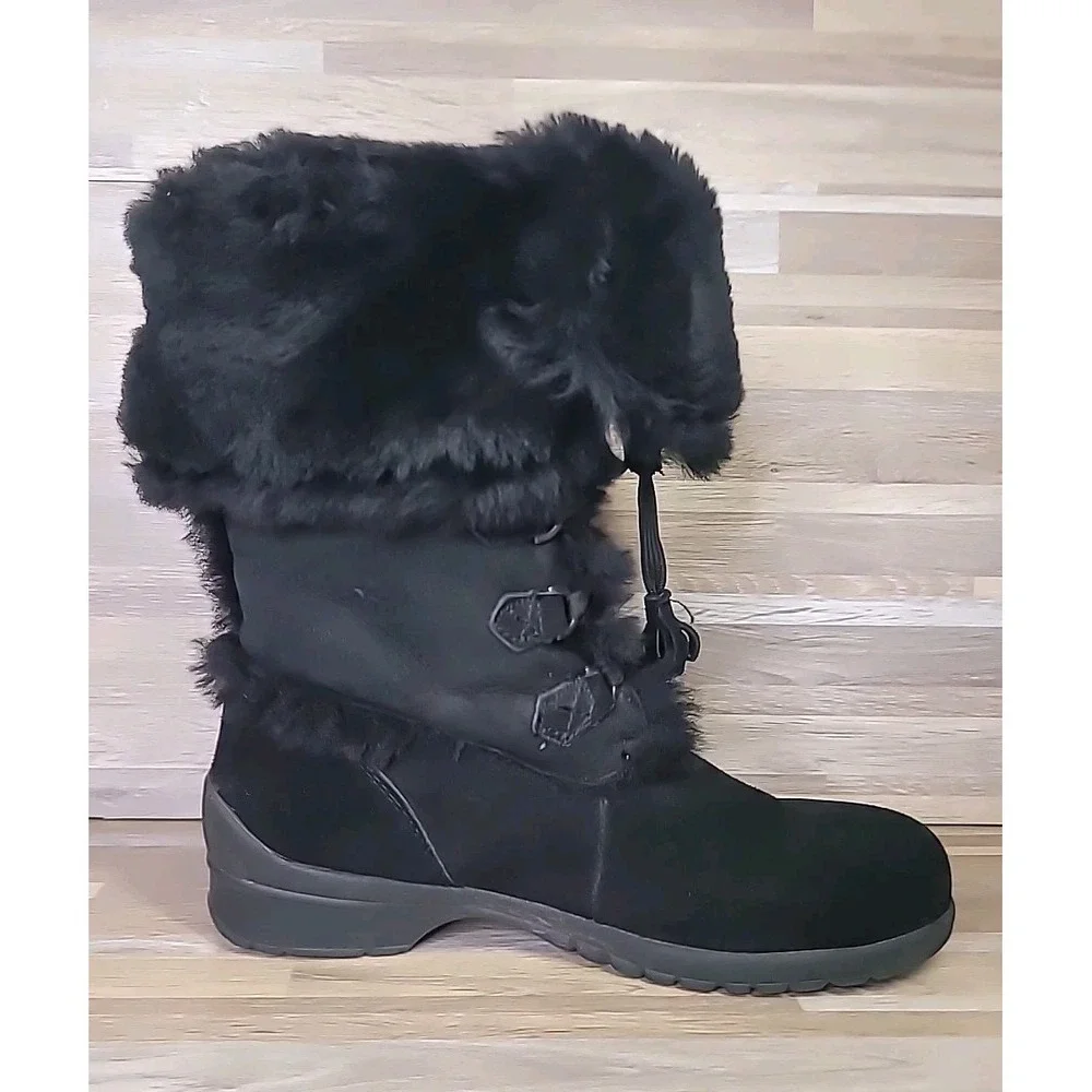 Bass Stephanie 2012 Black Suede & Faux Fur Lined Size 9.5 Snow Winter Boots EUC